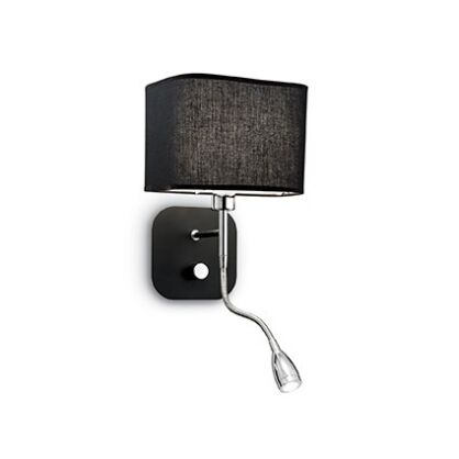 Kinkiet HOLIDAY AP2 CZARNY Ideal Lux 124179  klosz z czarnej tkaniny zamknięty na górze a na dole zakończony płytą z matowego szkła idealny do czytania elastyczne ramię z czarnego metalu