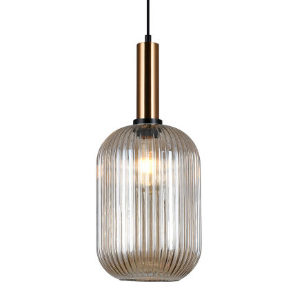 Lampa wisząca ANTIOLA PND-5588-1L-BRO+AMB Italux SZKLANY KARBOWANY KLOSZ W KOLORZE BURSZTYNOWYM MOSIĘŻNE WYKOŃCZENIE