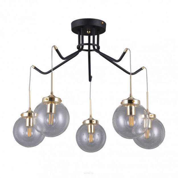 Lampa wisząca DOMENICO PNPL-43232-5 Italux Czarny matowy korpus ze złotymi dodatkami transparentne szklane klosze