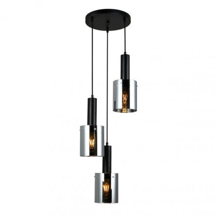 Lampa wisząca SARDO PND-5581-3A-BK+SG Italux Czarna okrągła podsufitka dymione klosze w kształcie tub GUSTOWNA