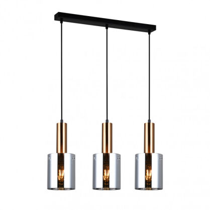 Lampa wisząca SARDO PND-5581-3-BRO+SG Italux Czarna podłużna podsufitka DYMIONE klosze w kształcie tub długość 61 cm MOSIĘŻNE akcenty