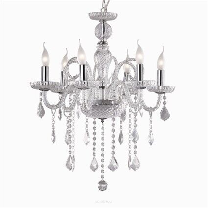 Lampa wisząca Giudecca SP6 TRASPARENTE Ideal Lux  027821 z ręcznie dmuchanego szkła w kolorze transparentnym z chromowanymi metalowymi dodatkami ozdobą są wisiorki z kryształków
