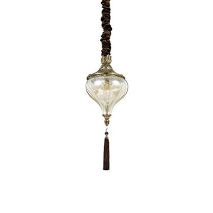 Lampa wisząca HAREM SP1 BRUNATNY Ideal Lux 115979  korpus z antycznego mosiądzu i metalu wytłoczone ornamenty szklany klosz z frędzlami osłona łańcucha