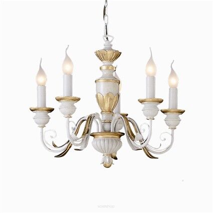 Lampa wisząca Firenze SP5 Ideal Lux  012865  korpus wykonany z żywicy oraz ma ręcznie modelowane metalowe ramiona kolor biało złoty styl pałacowy