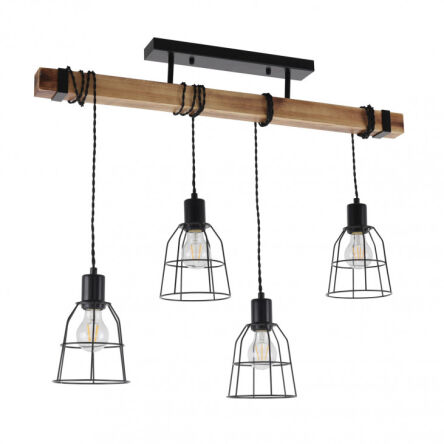 Lampa wisząca PONTE PND-4290-4-L Italux NIEZWYKŁE POŁĄCZENIE DRUCIANYCH KLOSZY Z DREWNIANA LISTWĄ RETRO 