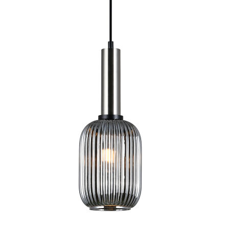 Lampa wisząca ANTIOLA PND-5588-1M-SC+SG Italux karbowany klosz z dymionego szkła   WYKOŃCZENIE- NIKIEL SATYNOWY ŚREDNICA 15 CM E27