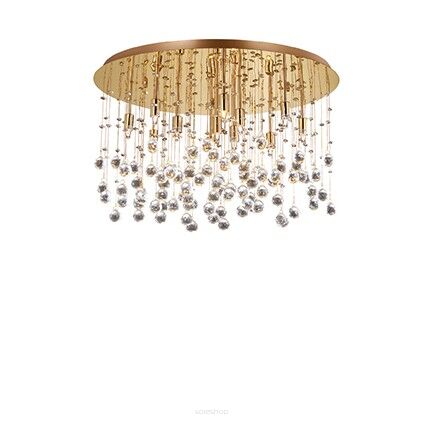 Plafon MOONLIGHT PL12 Ideal Lux  082783   podstawa w kształcie okręgu jest  z metalu w kolorze złotym mosiężnym zwisające kawałki są z kryształu