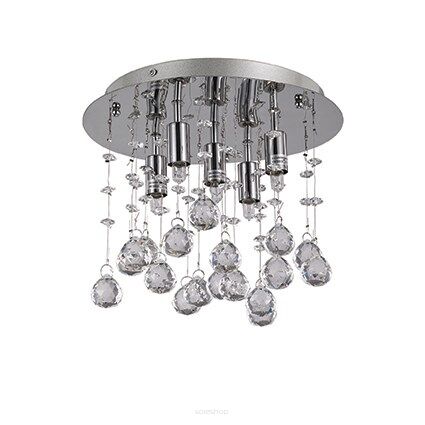 Plafon MOONLIGHT PL5 Ideal Lux  094649   podstawa w kształcie okręgu jest  z metalu w kolorze chromu zwisające kawałki są z kryształu