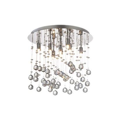 Plafon Moonlight PL8 Ideal Lux 077796   podstawa w kształcie okręgu jest  z metalu w kolorze chromu zwisające kawałki są z kryształu