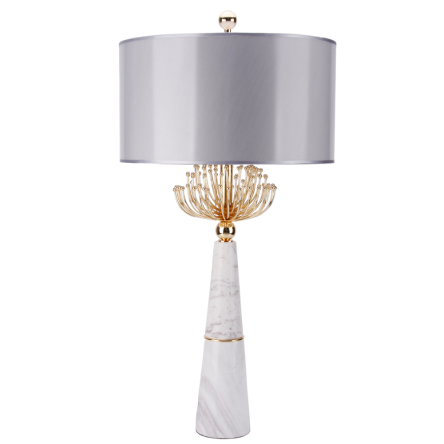  Lampa stołowa Cartagena - T02004AU Cosmo Light  Srebrny klosz podstawa z białego marmuru metalowe elementy w kolorze złota  