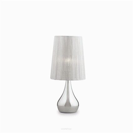 Lampa stołowa Eternity TL1 SMALL Ideal Lux  035987 ma podstawę  z metalu w chromie klosz z plisowanej organzy z metalicznymi refleksami