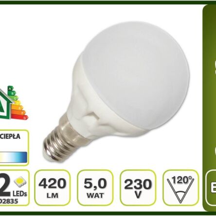 ŻARÓWKA E14 5W G45 12 LED 420lm CIEPŁA MAŁA KULKA