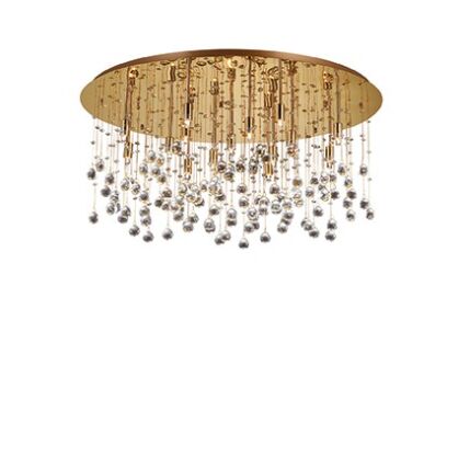 Plafon MOONLIGHT PL15 Ideal Lux  082790   podstawa w kształcie okręgu jest  z metalu w kolorze złotym mosiężnym zwisające kawałki są z kryształu