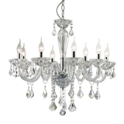 Lampa wisząca Tiepolo SP8 Ideal Lux 034720 z dmuchanego szkła z chromowanymi metalowymi detalami oraz kryształków pałacowa