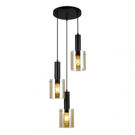 Lampa wisząca SARDO PND-5581-3A-BK+AMB Italux Czarna okrągła podsufitka BURSZTYMOWE klosze w kształcie tub GUSTOWNA