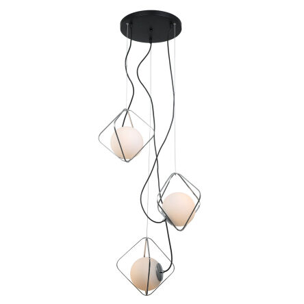 Lampa wisząca CANTO PEN-5696-3-BKCR Italux FANTAZYJNA FORMA SZKLANE KLOSZE W GEOMETRYCZNEJ KLATCE CZARNY / BIAŁY/ CHROM 