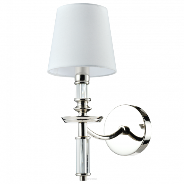 KINKIET SIENA GUSTOWNA LAMPA W KOLORZE CHROMU Z KRYSZTAŁOWYMI  ZDOBIENIAMI I KLASYCZNYM BIAŁYM KLOSZEM Z TKANINY COSMO LIGHT W01315WH NI