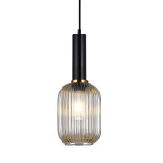 Lampa wisząca ANTIOLA PND-5588-1M-BK+AMB Italux  NIEDUŻY KARBOWANY KLOSZ W KOLORZE BURSZTYNOWYM O ŚREDNICY 15 CM CZARNE WYKOŃCZENIE LAMPY