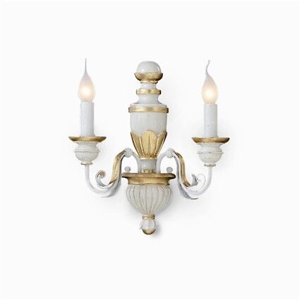 Kinkiet Firenze AP2 Ideal Lux  012902  korpus wykonany z żywicy oraz ma ręcznie modelowane metalowe ramiona kolor biało złoty styl pałacowy