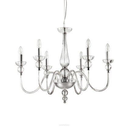 Lampa wisząca DOGE SP6 TRANSPARENTNY Ideal Lux  044422  z przezroczystego ręcznie dmuchanego szkła elementy wykończeniowe z metalu w kolorze chromu