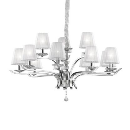 Lampa wisząca Pegaso SP12 Ideal Lux  066431  metalowa oprawa wykończona w chromie klosze  z  białej organzy