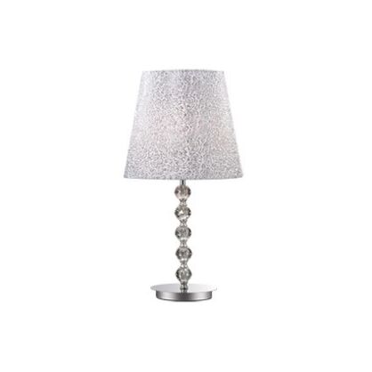 Lampa stołowa Le Roy TL1 BIG Ideal Lux 073408  chromowaną metalową podstawę ozdobioną kryształowymi elementami klosz wykonany z  tkaniną  błyszczącymi srebrnymi ozdobami
