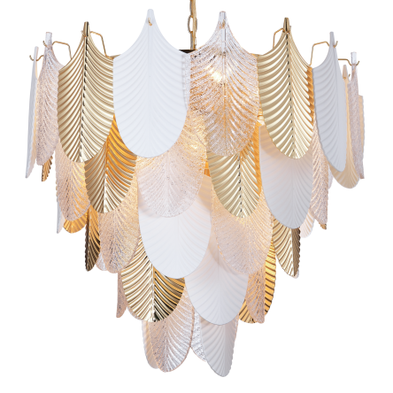 LAMPA WISZĄCA EFEKTOWNA MODERNISTYCZNA DOSKONAŁA DO WYSOKICH POMIESZCZEŃ ZŁOTE BIAŁE LIŚCIE COSMO LIGHT P21070AU