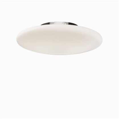 Plafon Smarties PL3 D60 Ideal Lux 032023   Klosz wykonany jest z białego szkła metalowa rama w kolorze chromu  okrągła spłaszczona