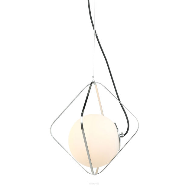 Lampa wisząca CANTO PEN-5696-1-BKCR Italux SZKLANY KLOSZ W GEOMETRYCZNEJ KLATCE CZARNY / BIAŁY/ CHROM NOWOCZESNA