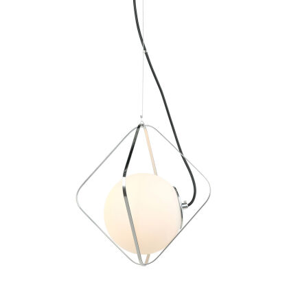 Lampa wisząca CANTO PEN-5696-1-BKCR Italux SZKLANY KLOSZ W GEOMETRYCZNEJ KLATCE CZARNY / BIAŁY/ CHROM NOWOCZESNA