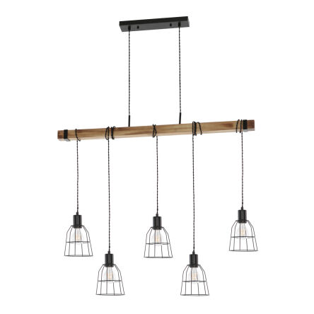 Lampa wisząca PONTE PND-4290-5-L Italux NIEZWYKŁE POŁĄCZENIE DRUCIANYCH KLOSZY Z DREWNIANA LISTWĄ  5xE27