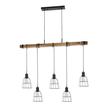 Lampa wisząca PONTE PND-4290-5-L Italux NIEZWYKŁE POŁĄCZENIE DRUCIANYCH KLOSZY Z DREWNIANA LISTWĄ  5xE27
