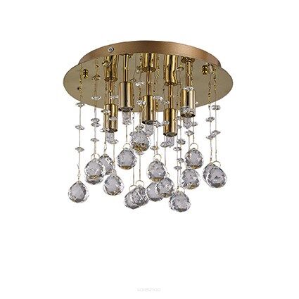 Plafon MOONLIGHT PL5 Ideal Lux  podstawa w kształcie okręgu jest  z metalu w kolorze złotym mosiężnym zwisające kawałki są z kryształu