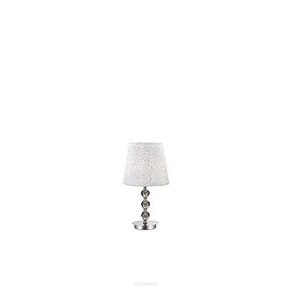 Lampa stołowa Le Roy TL1 MEDIUM Ideal Lux  073422  chromowaną metalową podstawę ozdobioną kryształowymi elementami klosz wykonany z  tkaniną  błyszczącymi srebrnymi ozdobami