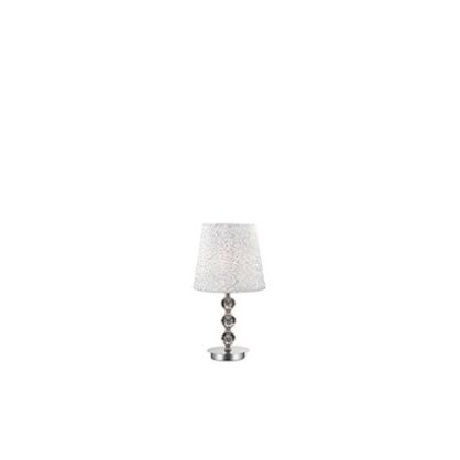 Lampa stołowa Le Roy TL1 MEDIUM Ideal Lux  073422  chromowaną metalową podstawę ozdobioną kryształowymi elementami klosz wykonany z  tkaniną  błyszczącymi srebrnymi ozdobami