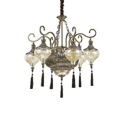 Lampa wisząca HAREM SP9 BRUNATNY Ideal Lux  116006 korpus z antycznego mosiądzu i metalu wytłoczone ornamenty szklane klosze z frędzlami osłona łańcucha