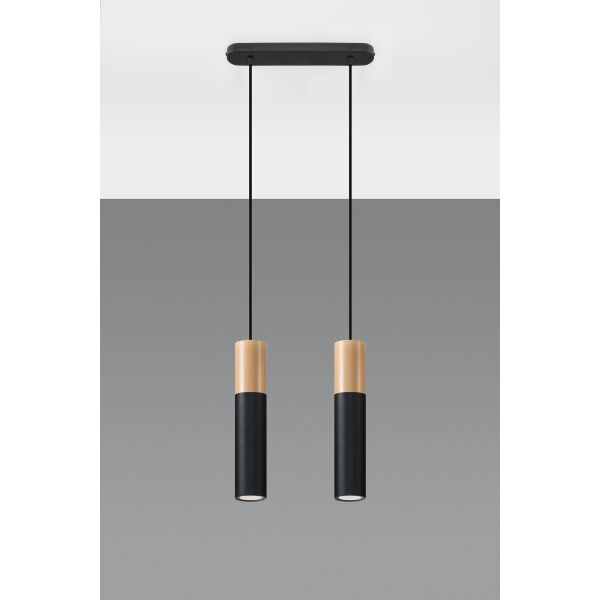 LAMPA  WISZĄCA PABLO 2  CZARNE TUBY Z DREWNIANYM AKCENTEM PROSTA IDEALNA DO SALONU SL.0633 Sollux
